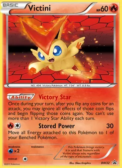 Victini — BW Black Star Promos #BW32, 2011. Illustrated by 5ban Graphics.