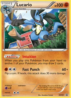 Lucario — BW Black Star Promos #BW85, 2011. Illustrated by Masakazu Fukuda.