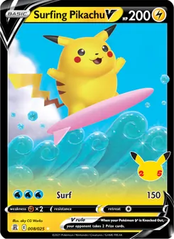 Surfing Pikachu V — Celebrations #8, 2021. Illustrated by aky CG Works.