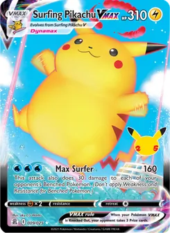 Surfing Pikachu VMAX — Celebrations #9, 2021. Illustrated by aky CG Works.