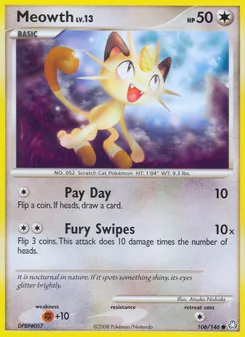 Meowth — Legends Awakened #106, 2008. Illustrated by Atsuko Nishida.
