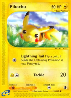 Pikachu — Expedition Base Set #124, 2002. Illustrated by Atsuko Nishida.