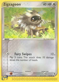 Zigzagoon — Ruby & Sapphire #79, 2003. Illustrated by Atsuko Nishida.