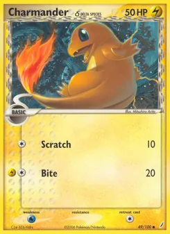 Charmander δ — Crystal Guardians #49, 2006. Illustrated by Mitsuhiro Arita.