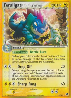 Feraligatr δ — Dragon Frontiers #2, 2006. Illustrated by Kouki Saitou.