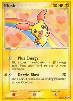 Plusle — Hidden Legends #69, 2004. Illustrated by Kagemaru Himeno.