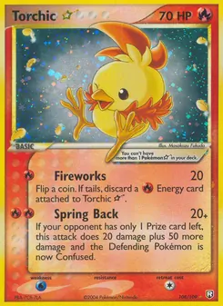 Torchic ☆ — Team Rocket Returns #108, 2004. Illustrated by Masakazu Fukuda.