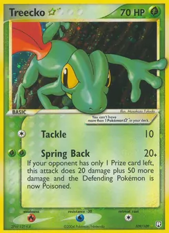 Treecko ☆ — Team Rocket Returns #109, 2004. Illustrated by Masakazu Fukuda.