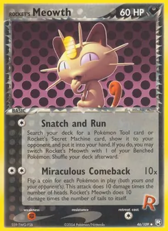 Rocket's Meowth — Team Rocket Returns #46, 2004. Illustrated by Mitsuhiro Arita.