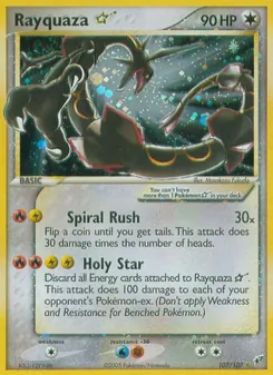 Rayquaza ☆ — Deoxys #107, 2005. Illustrated by Masakazu Fukuda.
