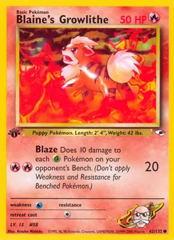 Blaine's Growlithe — Gym Heroes #62, 2000. Illustrated by Atsuko Nishida.