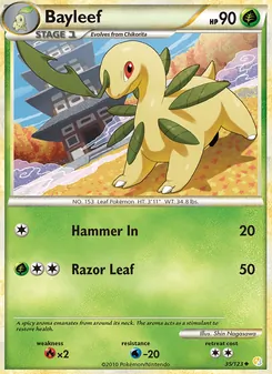 Bayleef — HeartGold SoulSilver #35, 2010. Illustrated by Shin Nagasawa.