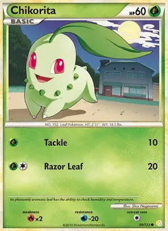 Chikorita — HeartGold SoulSilver #59, 2010. Illustrated by Shin Nagasawa.