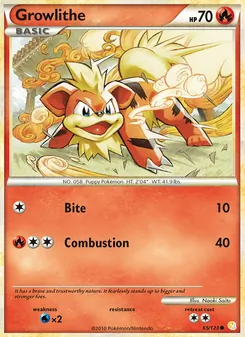 Growlithe — HeartGold SoulSilver #65, 2010. Illustrated by Naoki Saito.