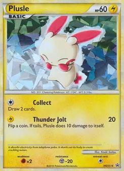 Plusle — HGSS Black Star Promos #HGSS16, 2010. Illustrated by Kouki Saitou.