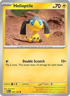 Helioptile — Mega Evolution #052, 2025. Illustrated by Yuka Morii.