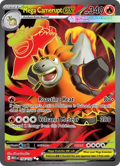Mega Camerupt ex — Mega Evolution #156, 2025. Illustrated by 5ban Graphics.