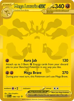Mega Lucario ex — Mega Evolution #188, 2025. Illustrated by 5ban Graphics.
