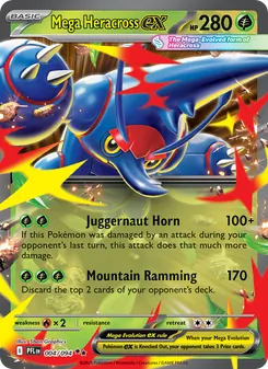 Mega Heracross ex — Phantasmal Flames #004, 2025. Illustrated by 5ban Graphics.