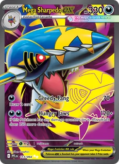 Mega Sharpedo ex — Phantasmal Flames #113, 2025. Illustrated by 5ban Graphics.