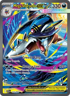 Mega Sharpedo ex — Phantasmal Flames #127, 2025. Illustrated by nagimiso.