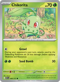 Chikorita — Ascended Heroes #008, 2026. Illustrated by Kariya.