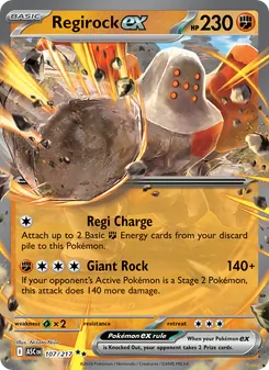 Regirock ex — Ascended Heroes #107, 2026. Illustrated by Nisota Niso.