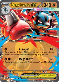 Mega Lucario ex — Ascended Heroes #113, 2026. Illustrated by 5ban Graphics.