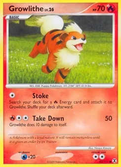 Growlithe — Rising Rivals #63, 2009. Illustrated by Naoyo Kimura.