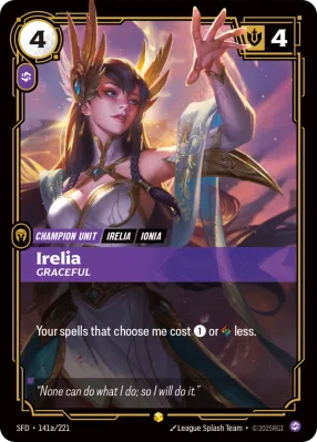 Irelia, Riftbound card SFD-141a/221 from Spiritforged