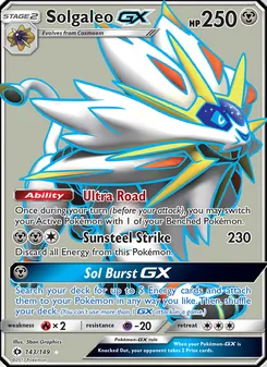 Solgaleo GX — Sun & Moon #143, 2017. Illustrated by 5ban Graphics.