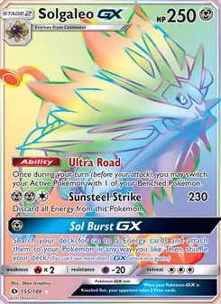 Solgaleo GX — Sun & Moon #155, 2017. Illustrated by 5ban Graphics.