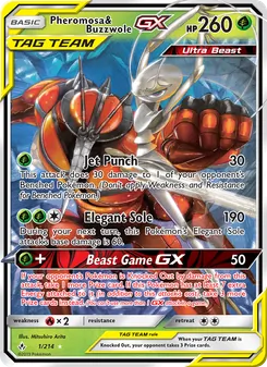 Pheromosa & Buzzwole GX — Unbroken Bonds #1, 2019. Illustrated by Mitsuhiro Arita.