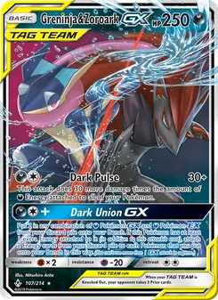 Greninja & Zoroark GX — Unbroken Bonds #107, 2019. Illustrated by Mitsuhiro Arita.