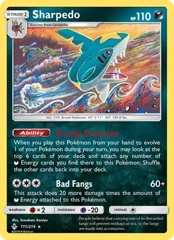 Sharpedo — Unbroken Bonds #111, 2019. Illustrated by Tomokazu Komiya.