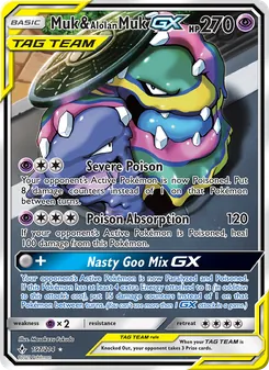 Muk & Alolan Muk GX — Unbroken Bonds #197, 2019. Illustrated by Masakazu Fukuda.