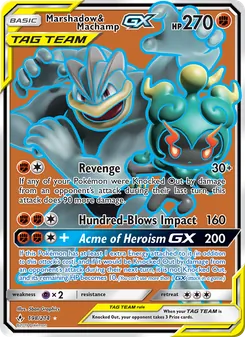 Marshadow & Machamp GX — Unbroken Bonds #198, 2019. Illustrated by 5ban Graphics.