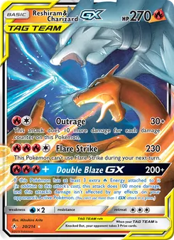 Reshiram & Charizard GX — Unbroken Bonds #20, 2019. Illustrated by Mitsuhiro Arita.
