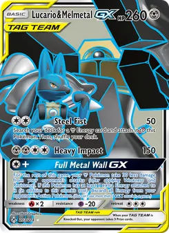Lucario & Melmetal GX — Unbroken Bonds #203, 2019. Illustrated by 5ban Graphics.