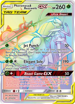 Pheromosa & Buzzwole GX — Unbroken Bonds #215, 2019. Illustrated by aky CG Works.