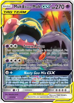 Muk & Alolan Muk GX — Unbroken Bonds #61, 2019. Illustrated by Mitsuhiro Arita.