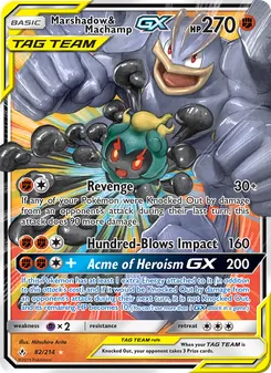 Marshadow & Machamp GX — Unbroken Bonds #82, 2019. Illustrated by Mitsuhiro Arita.