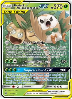 Rowlet & Alolan Exeggutor GX — Unified Minds #1, 2019. Illustrated by Mitsuhiro Arita.