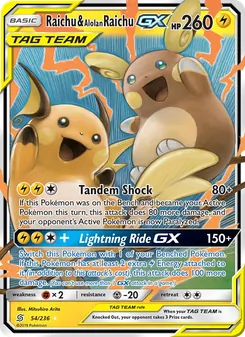 Raichu & Alolan Raichu GX — Unified Minds #54, 2019. Illustrated by Mitsuhiro Arita.