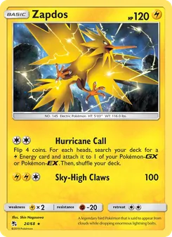 Zapdos — Hidden Fates #24, 2019. Illustrated by Shin Nagasawa.