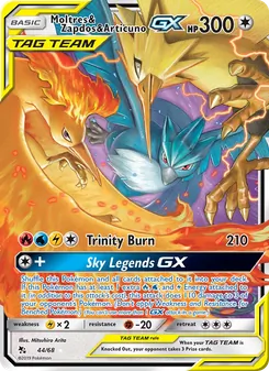 Moltres & Zapdos & Articuno GX — Hidden Fates #44, 2019. Illustrated by Mitsuhiro Arita.