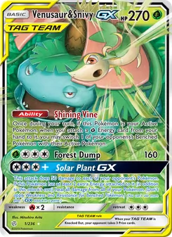 Venusaur & Snivy GX — Cosmic Eclipse #1, 2019. Illustrated by Mitsuhiro Arita.