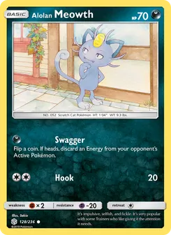 Alolan Meowth — Cosmic Eclipse #128, 2019. Illustrated by Sekio.