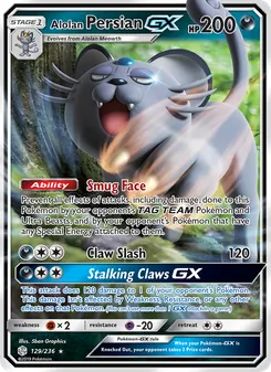 Alolan Persian GX — Cosmic Eclipse #129, 2019. Illustrated by 5ban Graphics.