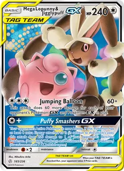 Mega Lopunny & Jigglypuff GX — Cosmic Eclipse #165, 2019. Illustrated by Mitsuhiro Arita.